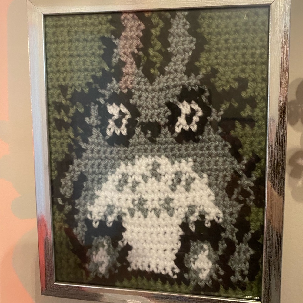Handmade crocheted Totoro tapestry, framed